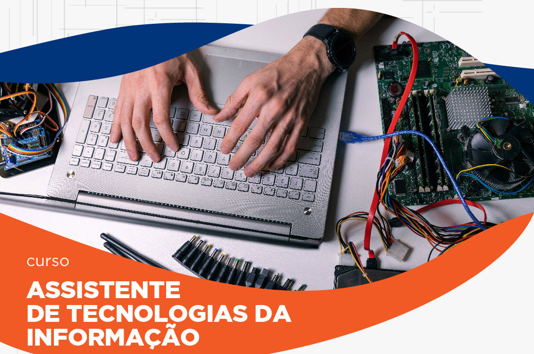 Ilustração sobre o curso de assistente de informática, com fios e várias peças de computador e mãos humanas digitando caracteres em um teclado de computador