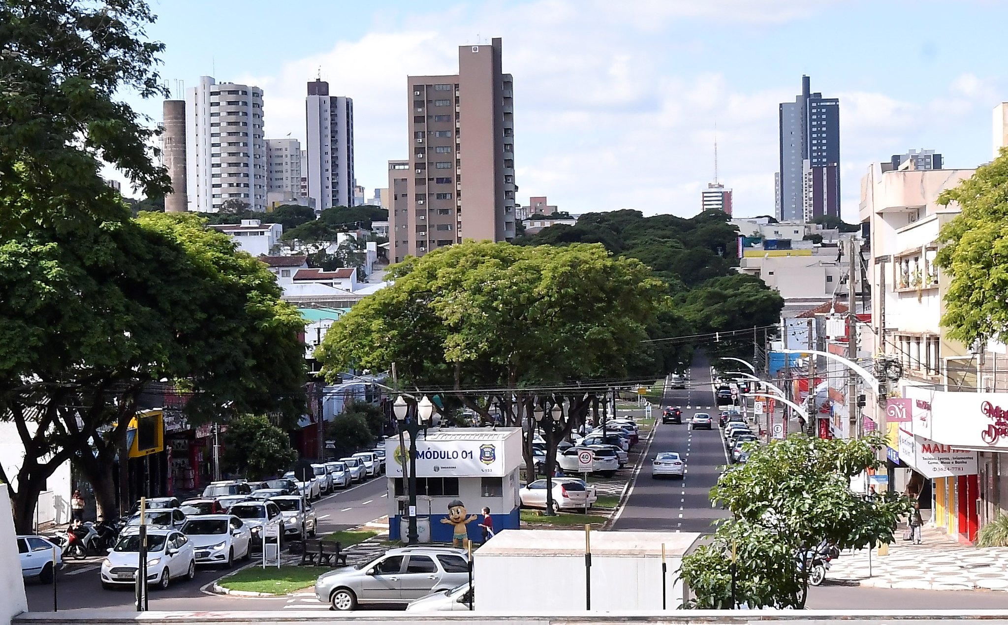 Foto panorâmica do centro da cidade, com a avenida Paraná, prédios, árvores e veículos transitando