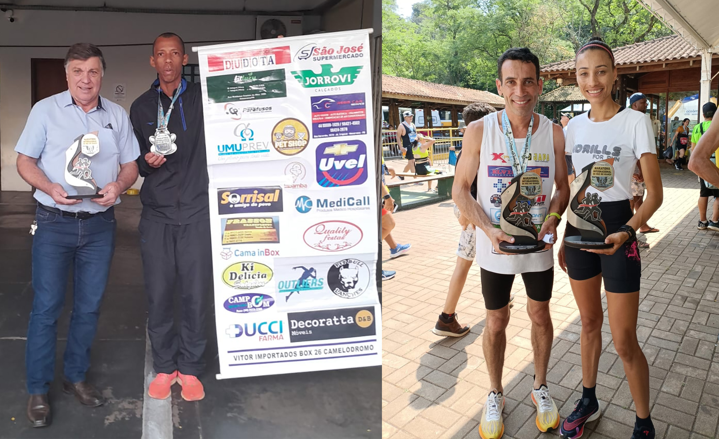 atletas e o prefeito de umuarama, com troféu e cartaz de patrocinadores