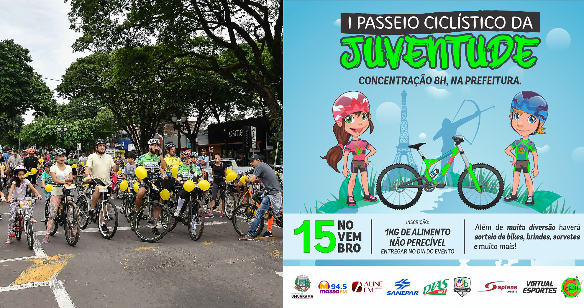 imagem de vários ciclistas com bexigas amarelas e cartaz com informações sobre o passeio