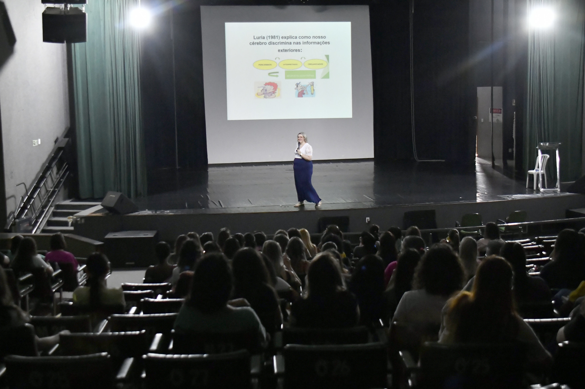 palestrante fala aos professores no auditório do centro cultural