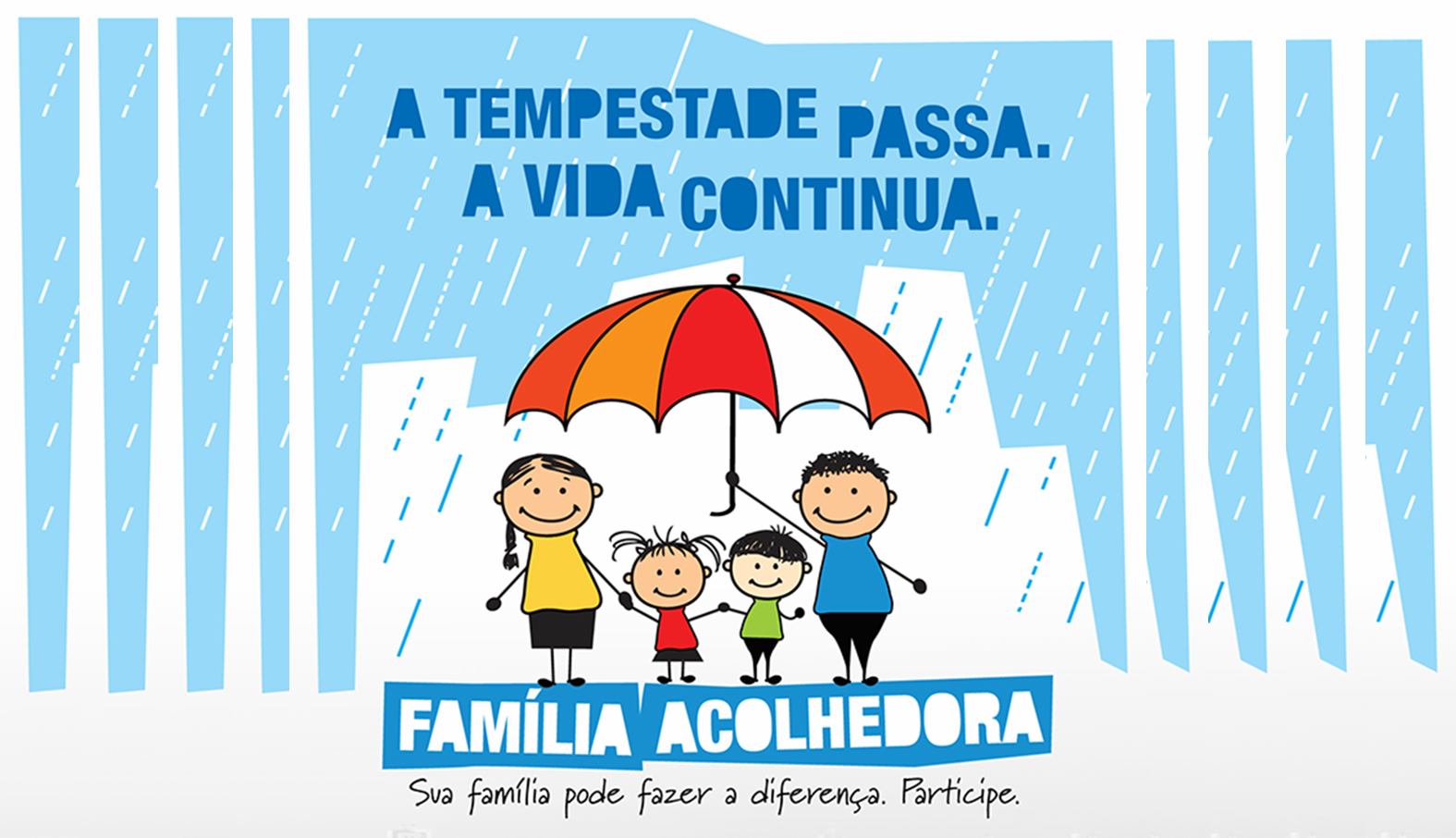 ilustração gráfica do programa, com uma família sob um guarda-chuva