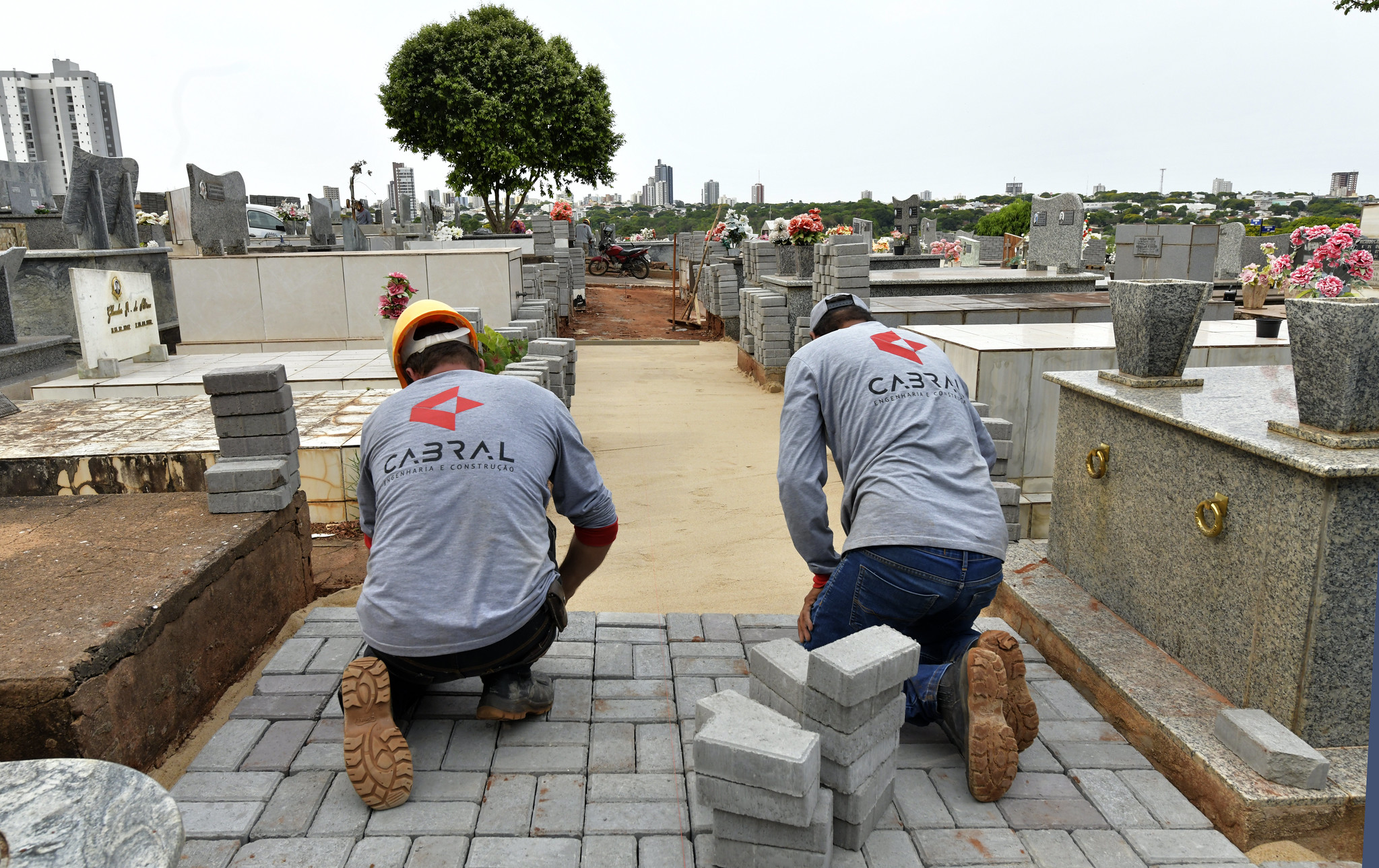 operários assentam blocos de concreto no calçamento do cemitério