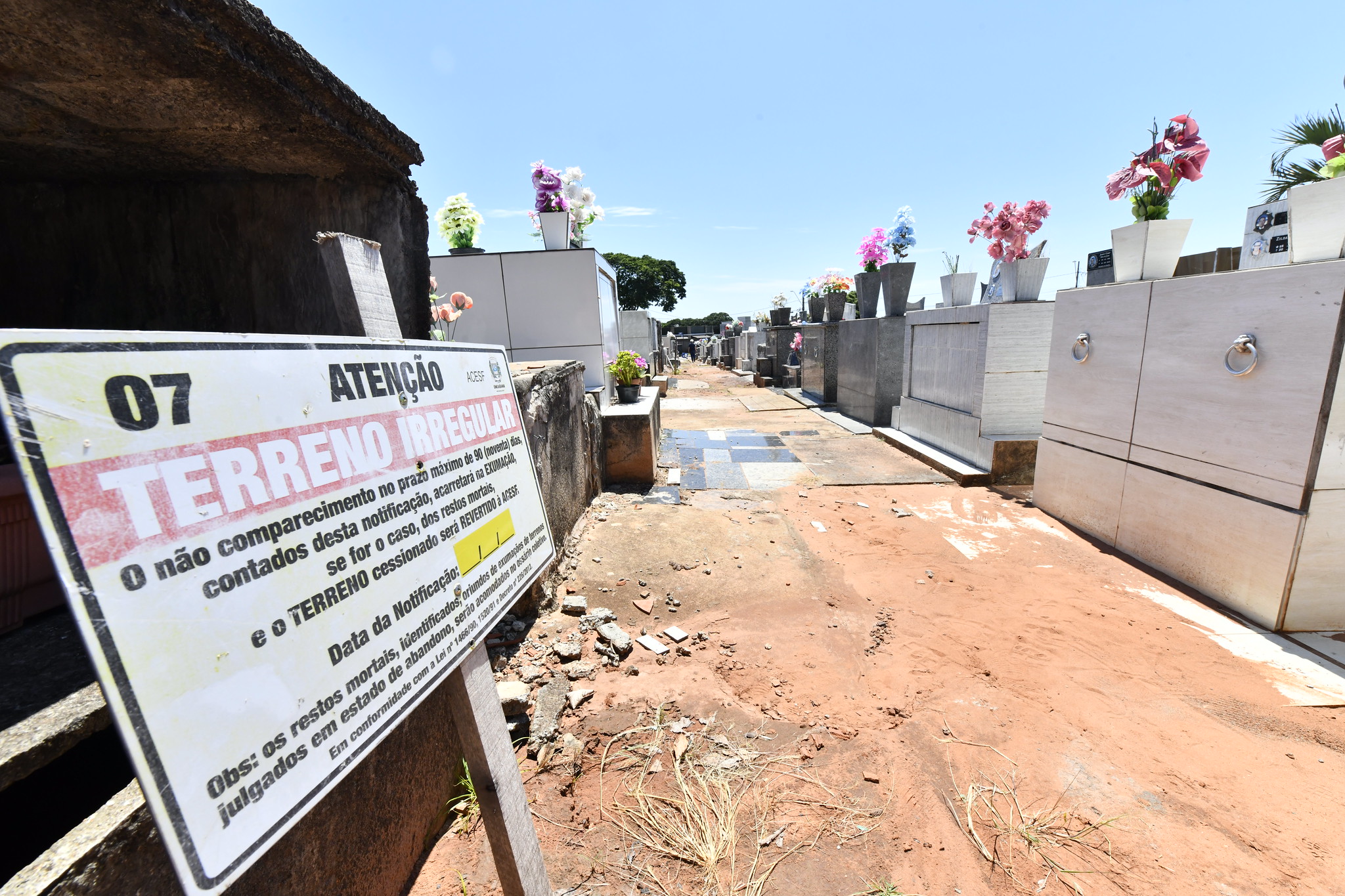 IMAGEM DE PLACA ALERTANDO SOBRE TERRENO IRREULAR EM RUA DO CEMITÉRIO, ENTRE FILEIRAS DE TÚMULOS