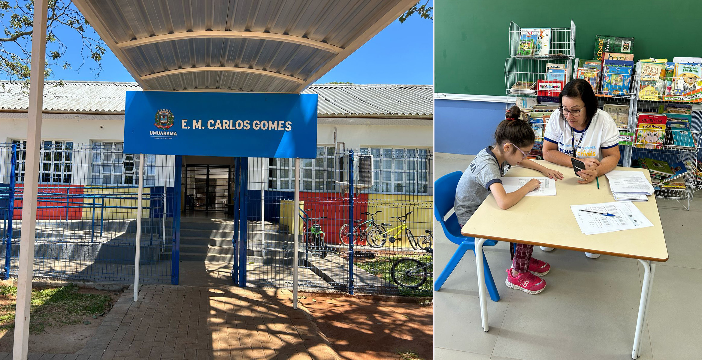 imagem composta de fachada de escolha municipal e professora aplicando avaliação a aluna do 2º ano