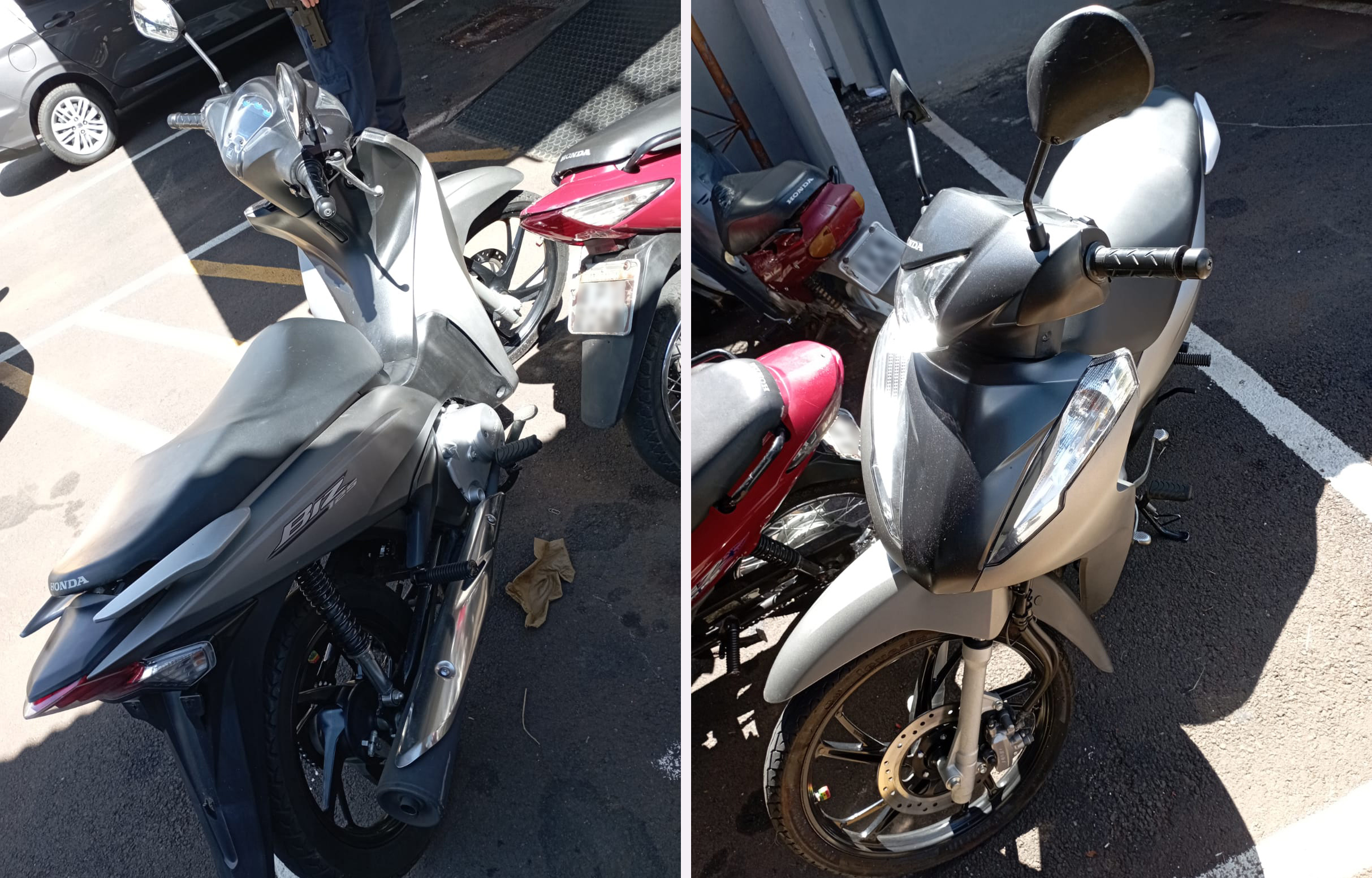 imagens sobrepostas da moto recuperada, uma honda biz cinza