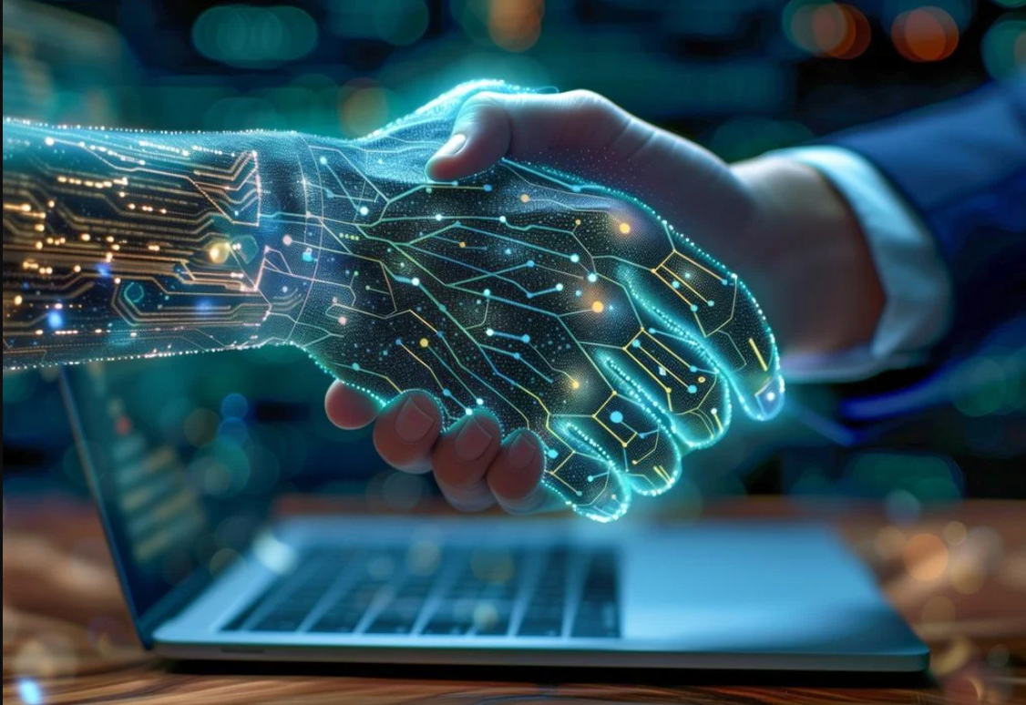 ilustração com mão humana e mão digital