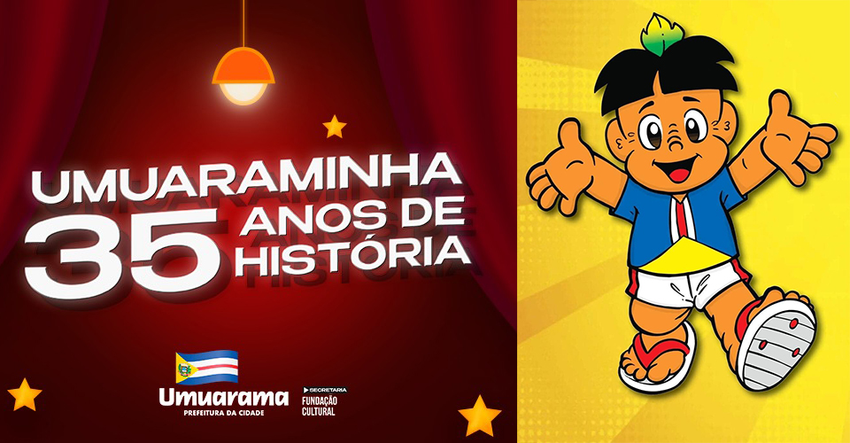 ilustração com cartaz convite do evento e imagem do personagem umuaraminha, uma criança indígena vestido com as cores da bandeira de Umuarama