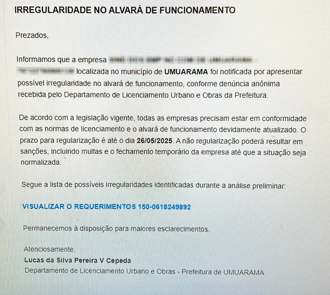 imagem do e-mail enviado para os contribuintes