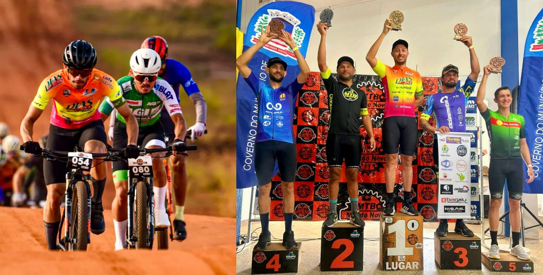 pilotos competindo em estrada de terra e campeões recebendo a premiação