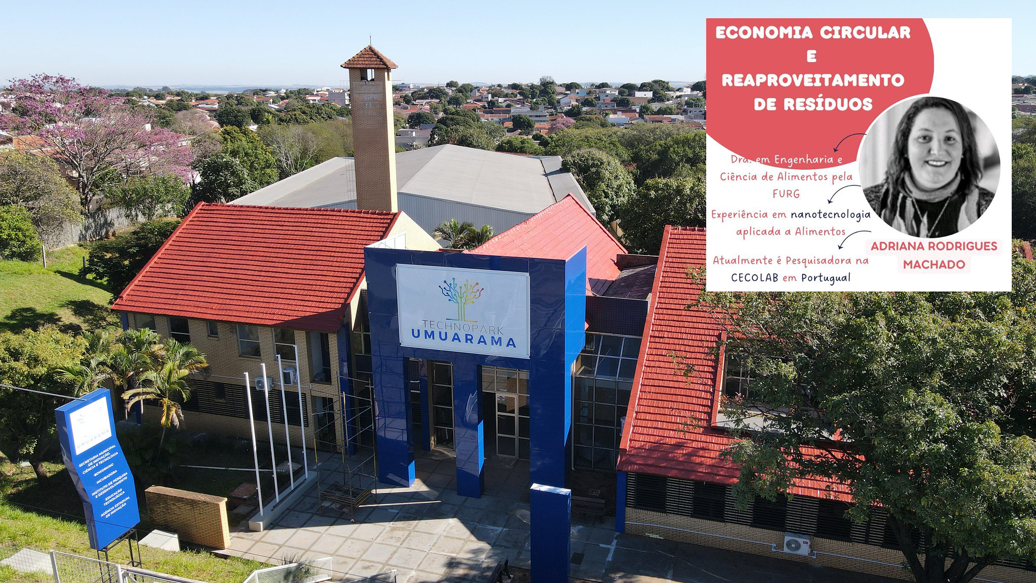 imagem aérea do technopark e dados da palestrante com foto