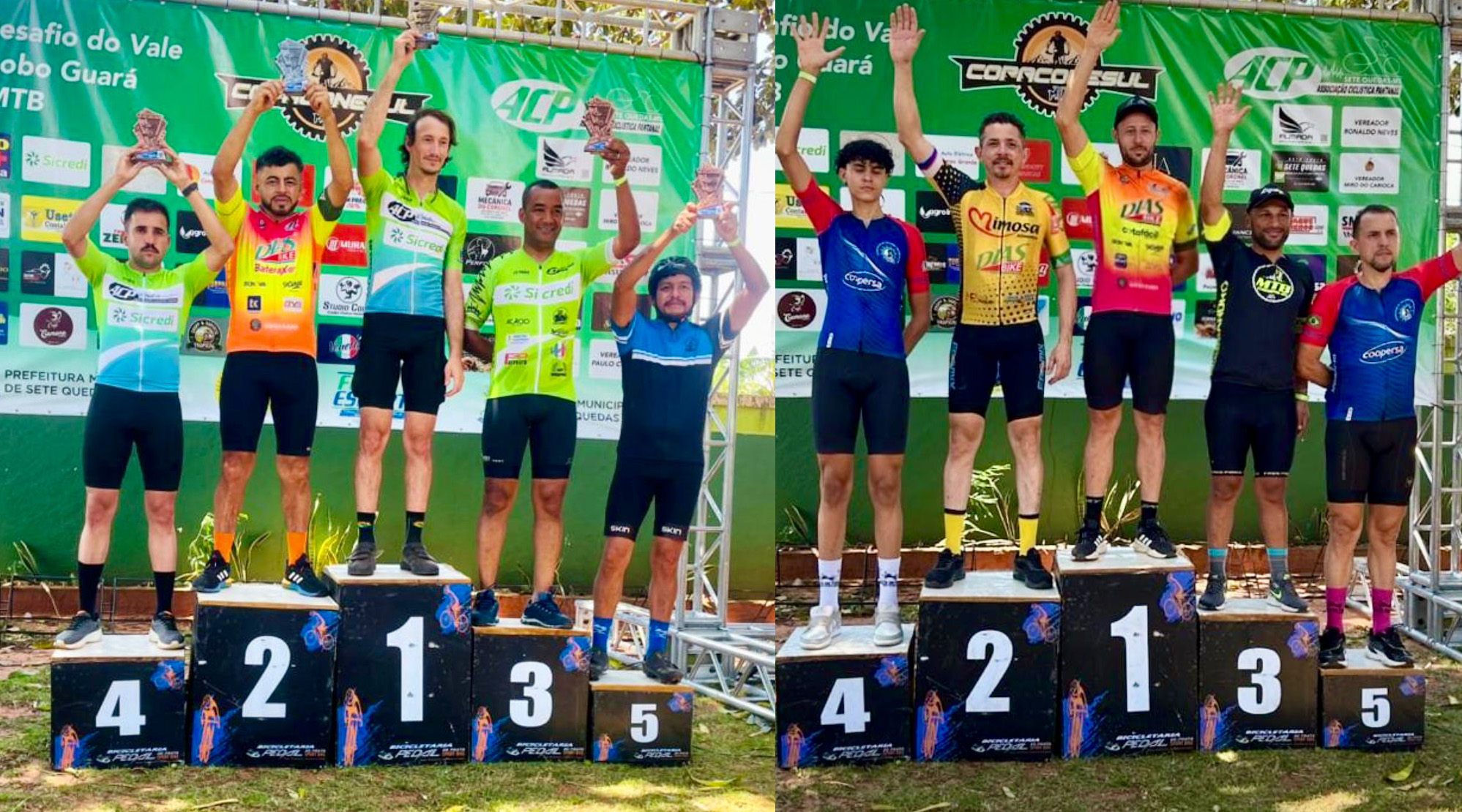 atletas do ciclismo sobem ao pódio para receber troféus e medalhas