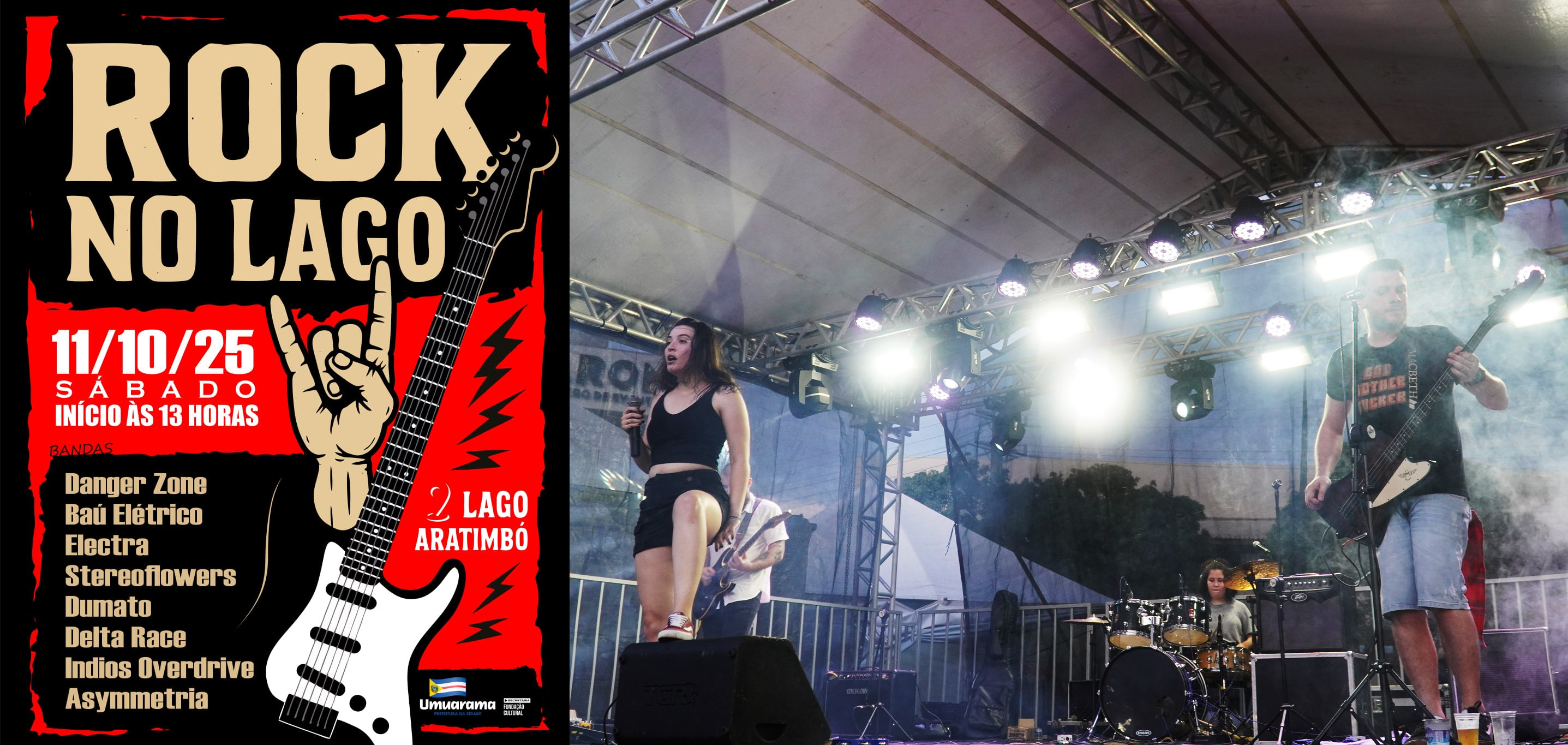 banda com vocal feminino canta no palco; ao lado, cartaz promocional do evento