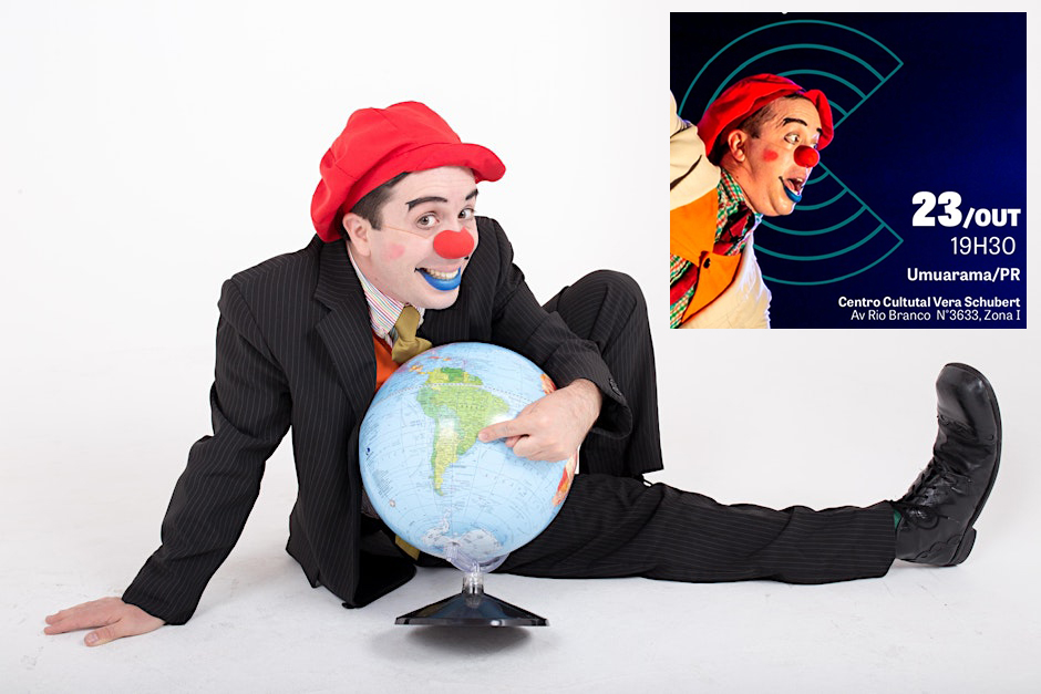 foto de um palhaço sentado no chão com um globo do mundo