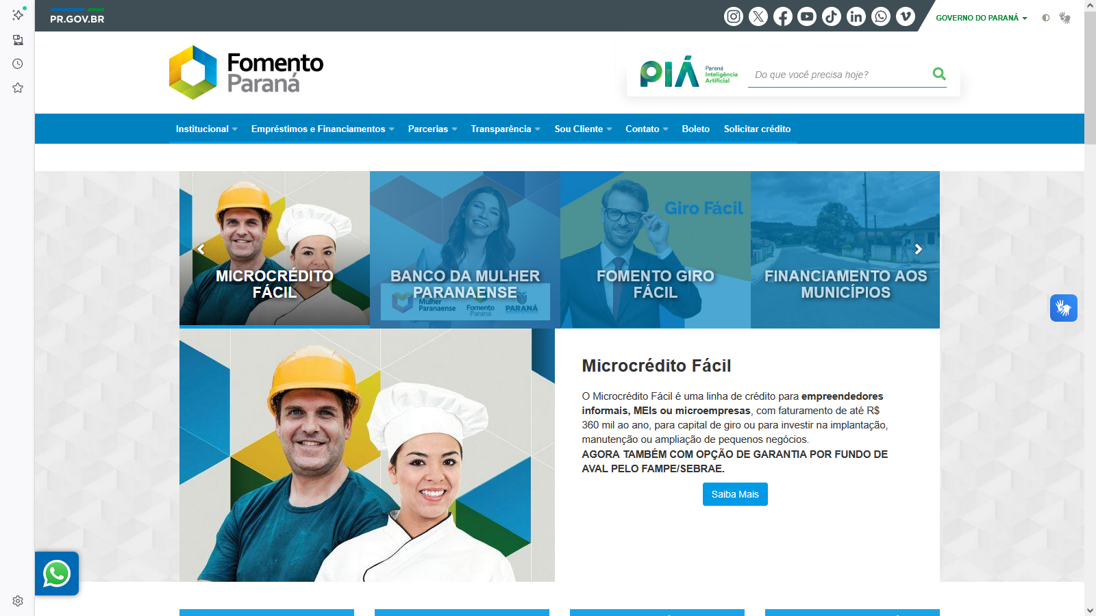 site da agência Fomento Paraná, com fotos de empreendedores