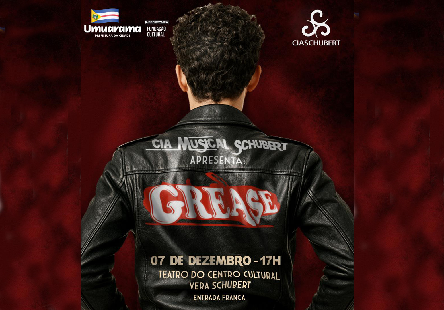 jovem com jaqueta de couro de costas e ilustração do espetáculo