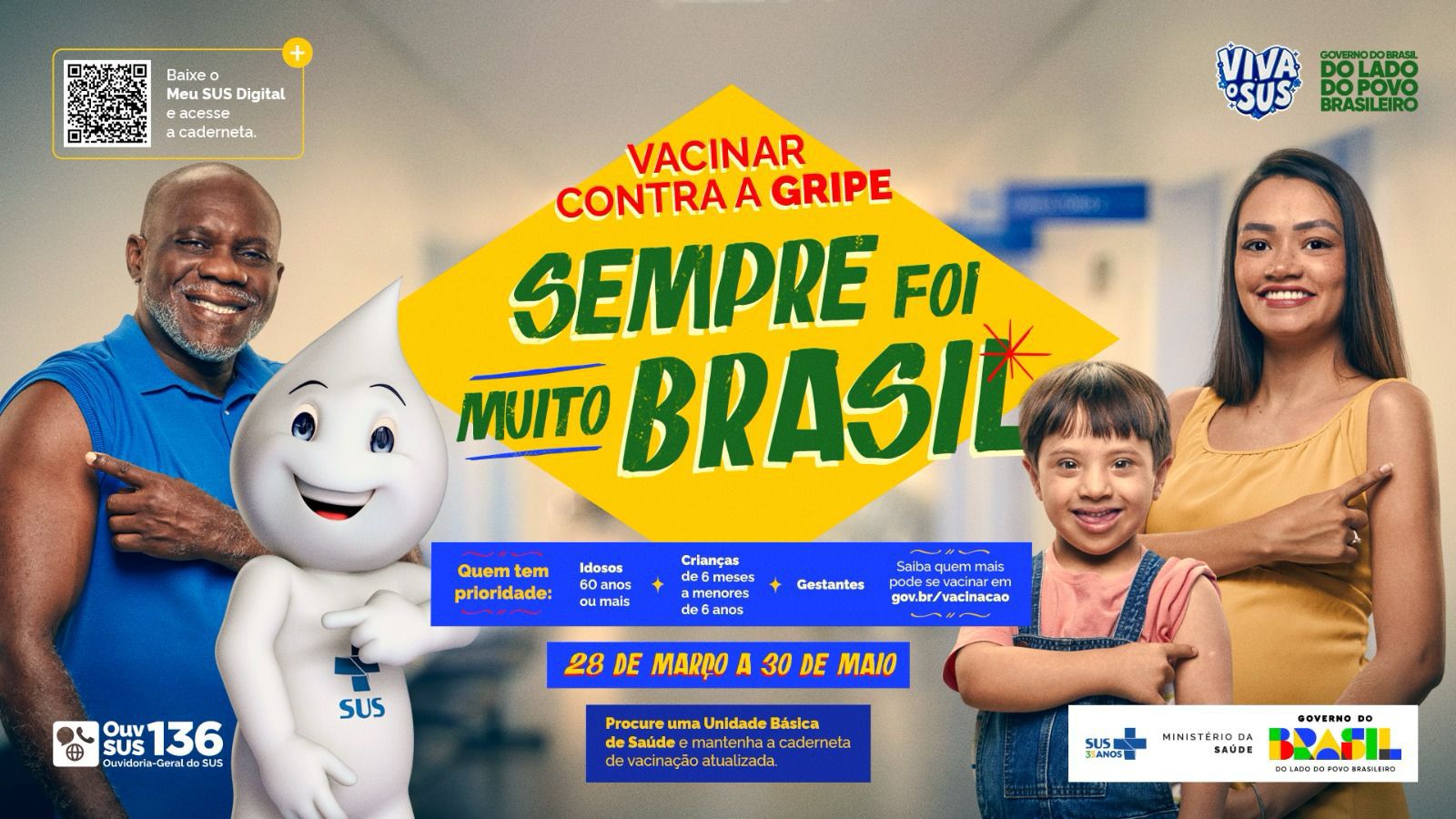cartaz com dados da campanha e pessoas apontando os braços onde a vacina é aplicada
