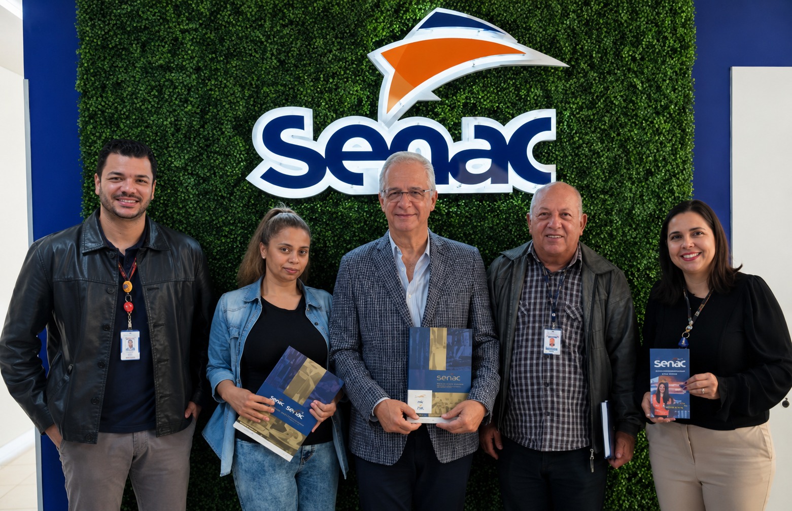 homens e mulheres alinhados em close para foto à frente  da logomarca senac