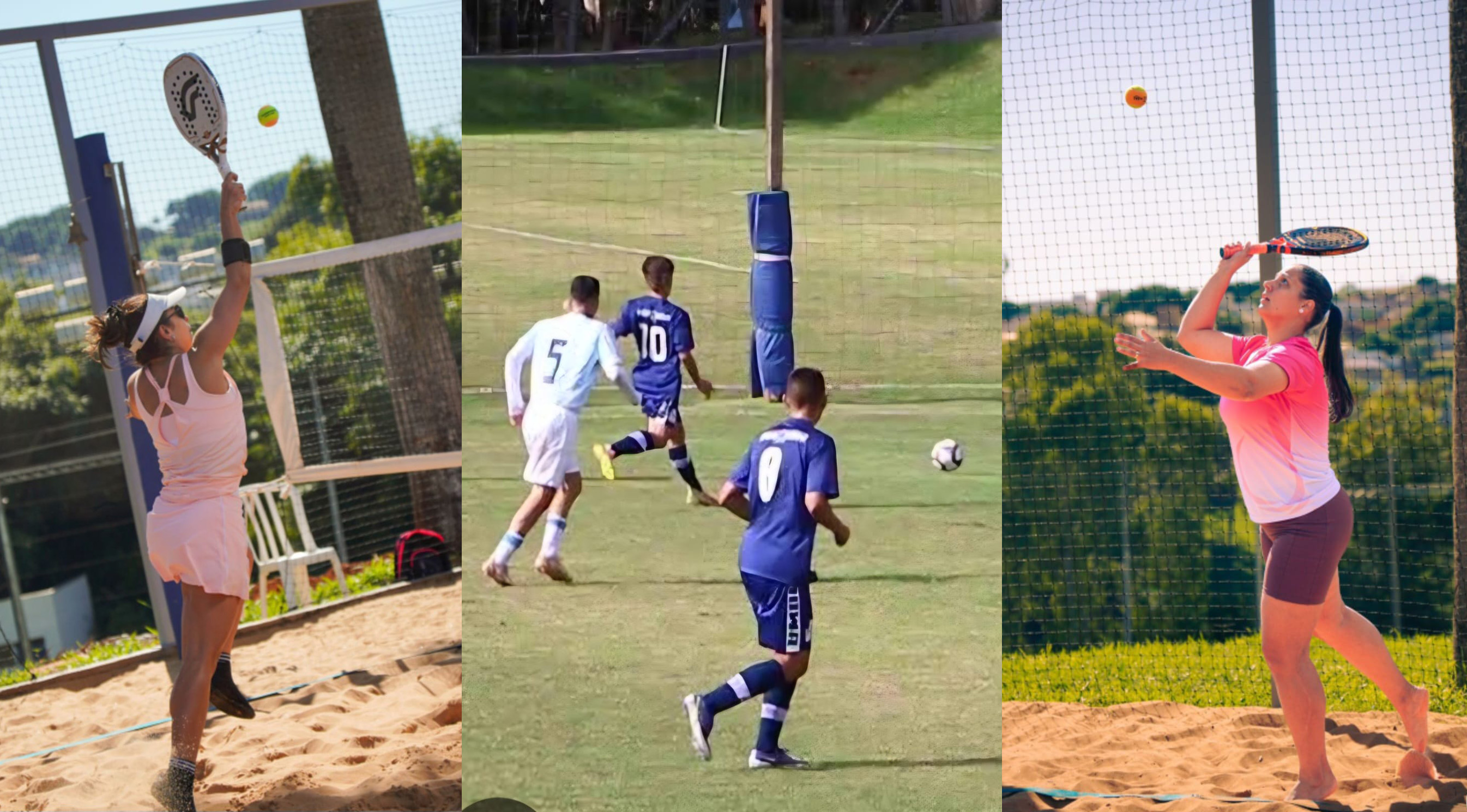 imagens de atletas em práticas esportivas de futebol e beach tenis