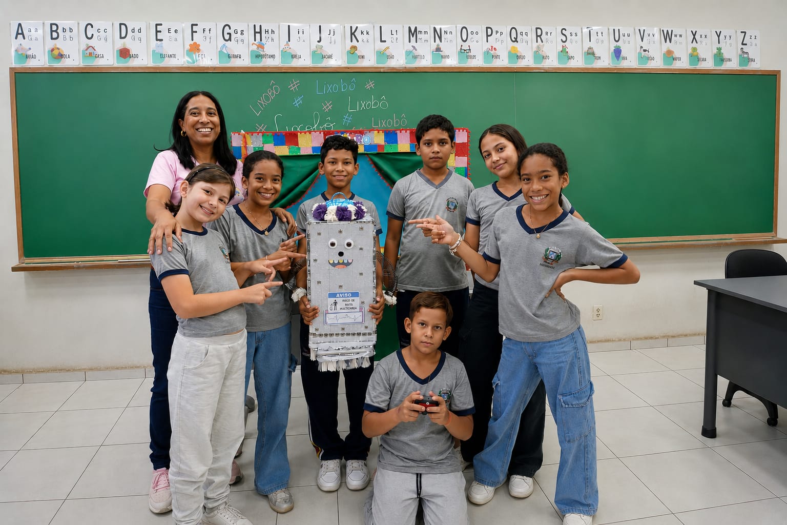 crianças exibem o robô reciclador com a professora