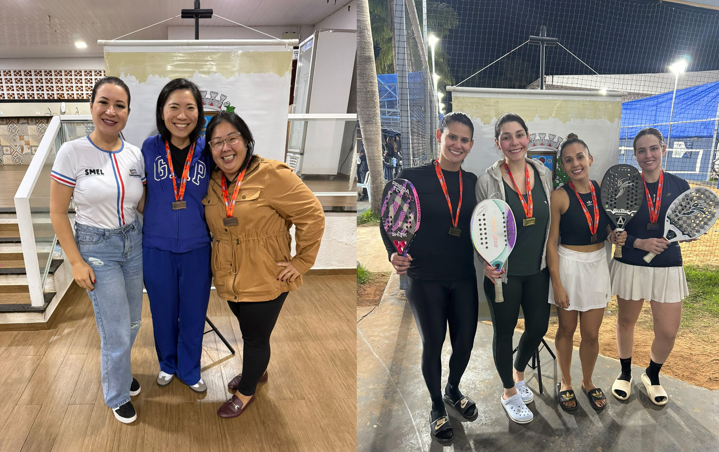 vencedoras das modalidades de canastra e beach tenis posam para fotos