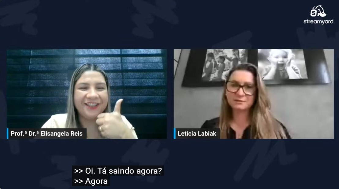 A professora Elisangela Reis, mediadora as palestras e a secretária de Educação de Umuarama Letícia Labiak. durante encontro online de formação de professores e servidores da Rede Municipal de Educação