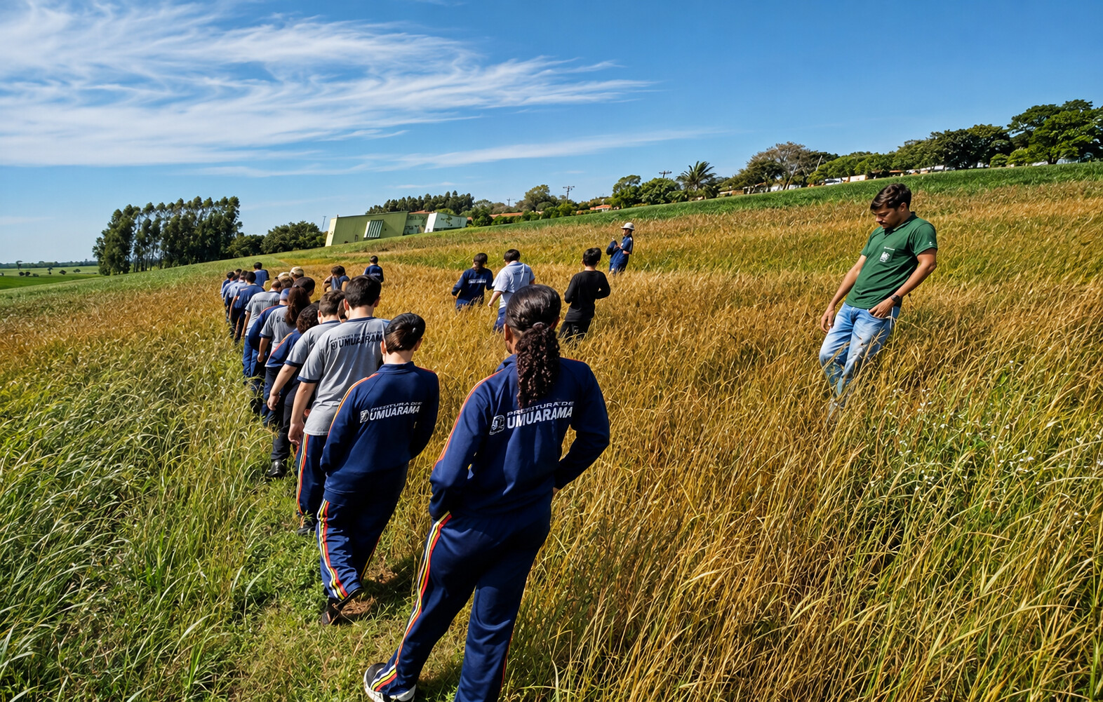 crianças caminham em plantação de trigo