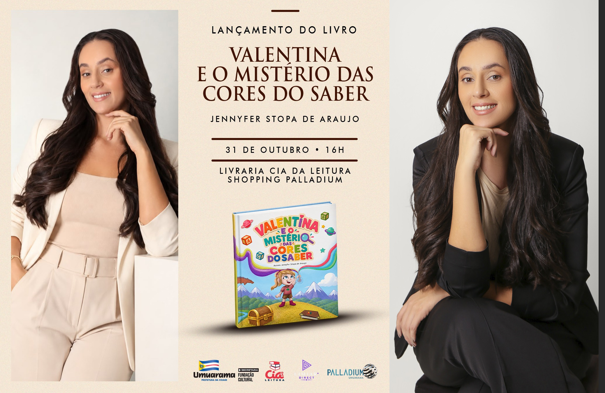 fotos da escritora com textos e a capa do livro infantil